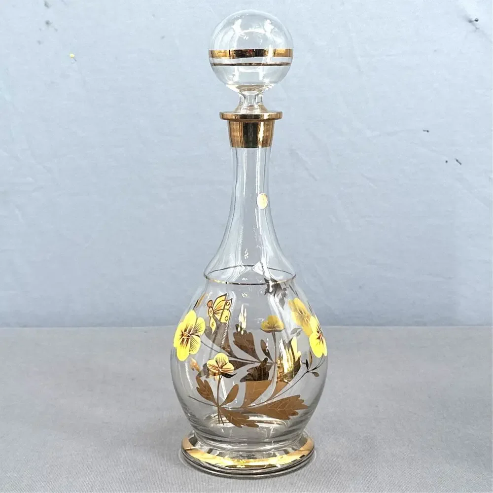VTG Wine Decanter 15 Floral Hand Painted Romanian Crystal Gold Yellow MCM Carafe